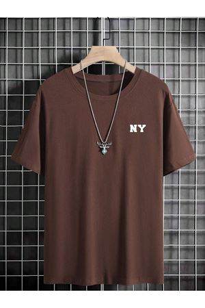Ny Yazı Süprem T-Shirt - Kahverengi Baskılı Oversize Bisiklet Yaka Tişört