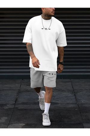 Gri Şort Beyaz Tişört Takım Play Baskılı Oversize Unisex