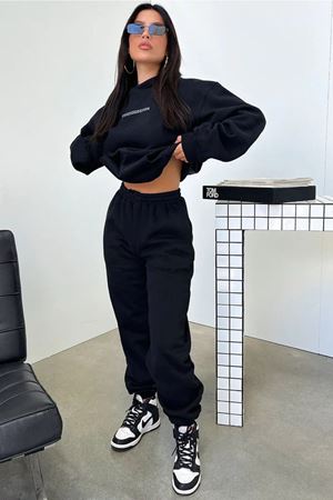Thatssofetch Eşofman Takımı Sweatshirt Jogger - Siyah Baskılı Oversize Şardonlu Kapüşonlu