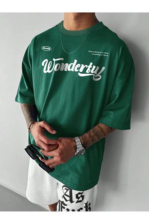 Wonderful Süprem T-Shirt - Nefti Yeşil Baskılı Oversize Bisiklet Yaka Tişört