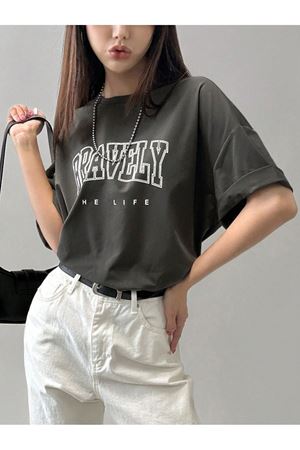 Bravely Süprem T-Shirt - Koyu Füme Baskılı Oversize Bisiklet Yaka Kısa Kol Tişört