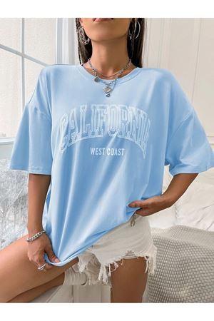 California West Coast Süprem T-Shirt - Bebe Mavisi Baskılı Oversize Bisiklet Yaka Tişört