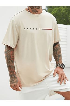 Boston Baskılı Süprem Bej T-Shirt - Oversize Bisiklet Yaka Tişört