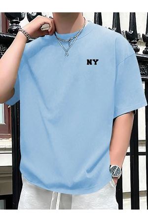 Ny Yazı Süprem T-Shirt - Bebe Mavi Baskılı Oversize Bisiklet Yaka Tişört