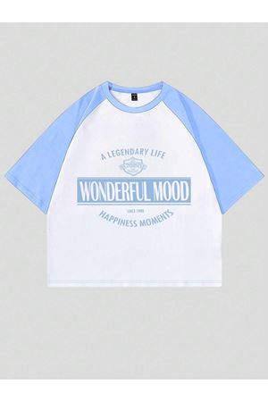 Wonderful Mood Süprem Crop T-Shirt - Beyaz Bebe Mavi Baskılı Oversize Bisiklet Yaka Tişört
