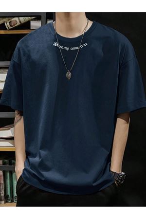 Dreams Yaka Detay Süprem T-Shirt - Lacivert Baskılı Oversize Bisiklet Yaka Tişört