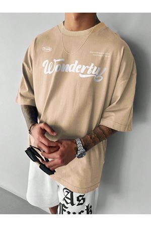 Wonderful Süprem T-Shirt - Bej Baskılı Oversize Bisiklet Yaka Tişört