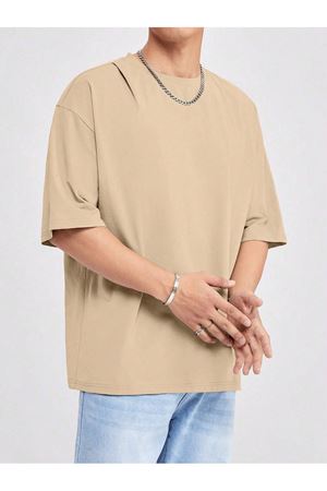 Basic Süprem T-Shirt - Bej Oversize Bisiklet Yaka Tişört