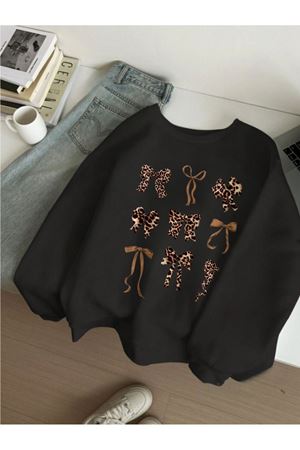 Kurdela Leopar Baskılı Siyah Bisiklet Yaka Sweatshirt - Oversize Unisex Kalın Kışlık