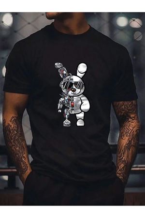Robotic Rabbit Süprem T-Shirt - Siyah Baskılı Oversize Bisiklet Yaka Tişört
