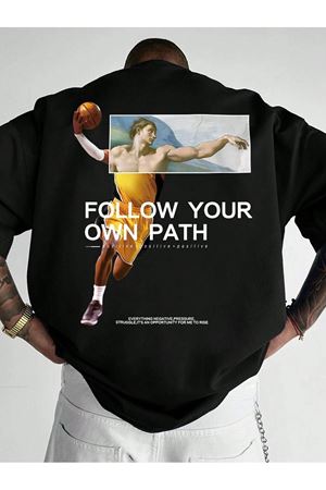 Follow Your Path Süprem T-Shirt - Siyah Baskılı Oversize Bisiklet Yaka Tişört