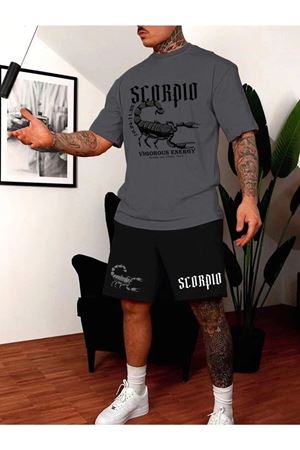 Akrep Siyah Şort Füme Tişört Takım - Baskılı Oversize Bisiklet Yaka