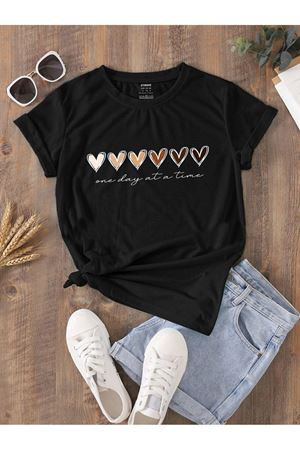 Renkli Kalpli Süprem T-Shirt - Baskılı Oversize Bisiklet Yaka Kısa Kol Tişört