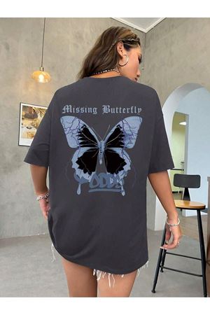 Missing Butterfly Süprem T-Shirt - Füme Baskılı Oversize Bisiklet Yaka Tişört