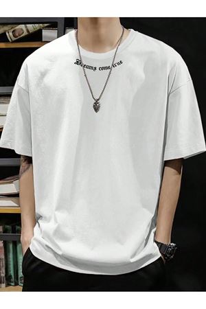 Dreams Yaka Detay Süprem T-Shirt - Beyaz Baskılı Oversize Bisiklet Yaka Tişört