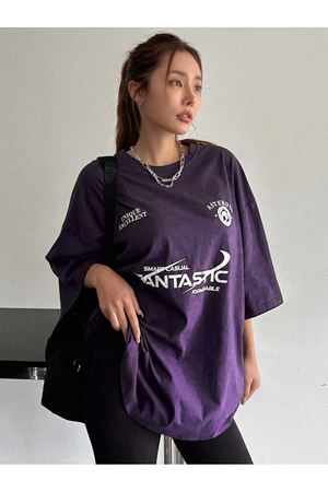 Fantastıc Süprem T-Shirt -Mor Baskılı Oversize Bisiklet Yaka Tişört