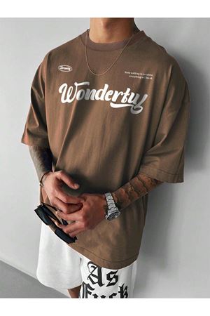 Wonderful Süprem T-Shirt - Kahverengi Baskılı Oversize Bisiklet Yaka Tişört