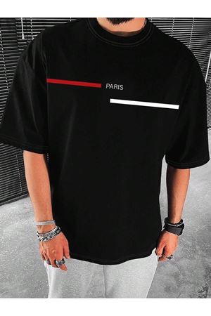Paris Çizgi Süprem T-Shirt - Siyah Baskılı Oversize Bisiklet Yaka Tişört