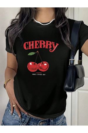 Cherry Happy Baskılı Siyah Tshirt Anne Kız Kombin - Oversize Bisiklet Yaka Tişört