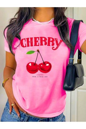 Cherry Happy Baskılı Pembe Tshirt Anne Kız Kombin - Oversize Bisiklet Yaka Tişört
