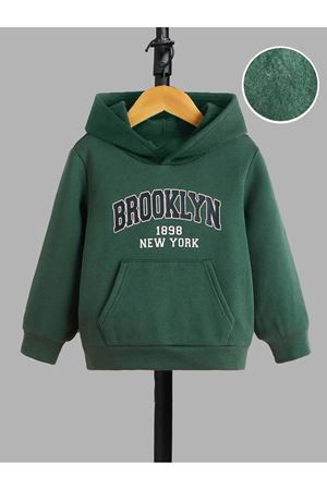 Brooklyn 1898 Pamuklu Çocuk Sweatshirt - Nefti Yeşil Baskılı Kız Erkek Çocuk Kışlık Cepli Kapüşonlu