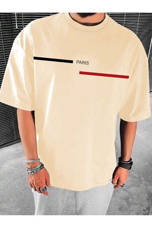 Paris Çizgi Süprem T-Shirt - Bej Baskılı Oversize Bisiklet Yaka Tişört