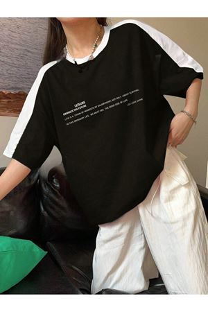 Leisure Future Parçalı Süprem T-Shirt - Siyah Gövde Omuz Beyaz Parçalı Oversize Unisex