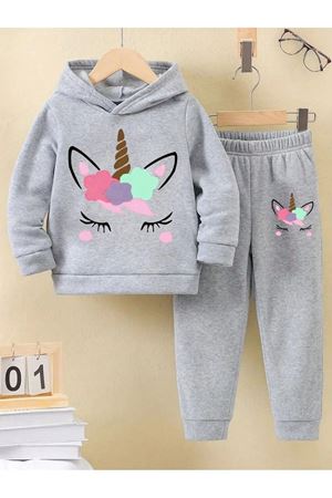 Unikorn Baskılı Pamuk Çocuk Kapüşonlu Takım - Gri Jogger Baskılı Kız Erkek Çocuk