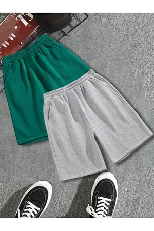 2'li Düz Renk Penye Şort - Yeşil Gri Baskısız Kısa Kordonsuz