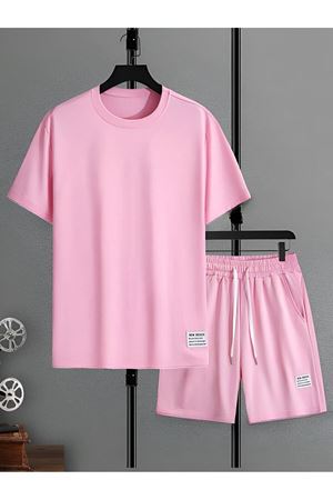 New Desıgn T-Shirt Şort - Pembe Alt Üst Kombin Şort Tişört Takım Baskılı Oversize Bisiklet Yaka