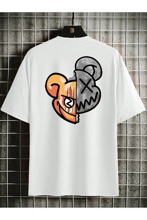 Çift Yüz Ayıcık Süprem T-Shirt - Beyaz Baskılı Oversize Bisiklet Yaka Tişört