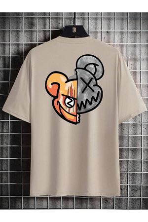 Çift Yüz Ayıcık Süprem T-Shirt - Bej Baskılı Oversize Bisiklet Yaka Tişört