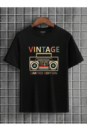 Vintage 1969 Süprem T-Shirt - Siyah Baskılı Oversize Bisiklet Yaka Tişört