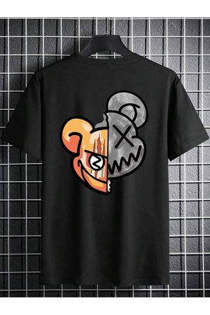 Çift Yüz Ayıcık Süprem T-Shirt - Siyah Baskılı Oversize Bisiklet Yaka Tişört