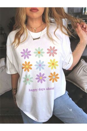 Happy Days Flowers Süprem T-Shirt - Beyaz Baskılı Oversize Bisiklet Yaka Tişört
