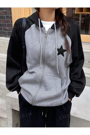 Oversize Yıldız Baskılı Gri - Siyah Reglan Kol Hırka