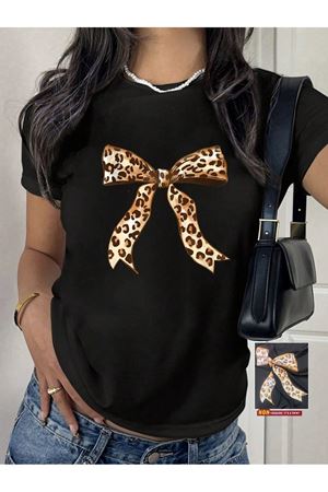 Leopar Kurdela Baskılı T-Shirt Anne Kız Kombin - Siyah Oversize Bisiklet Yaka Tişört