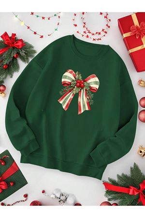 Kurdele Baskılı Nefti Yeşil Bisiklet Yaka Sweatshirt - Oversize Unisex Kalın Kışlık