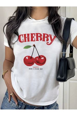 Cherry Happy Baskılı Beyaz Tshirt Anne Kız Kombin - Oversize Bisiklet Yaka Tişört