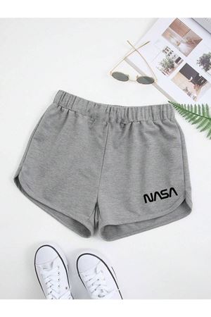 Nasa Bermuda Penye Şort - Gri Baskılı Kordonlu Baskılı