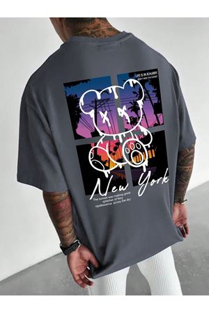 New York Bear Süprem T-Shirt - Füme Baskılı Oversize Bisiklet Yaka Tişört