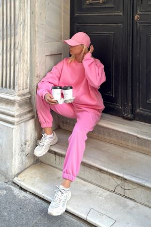 Baskısız Eşofman Takımı Sweatshirt Jogger - Pembe Oversize Şardonlu Bisiklet Yaka