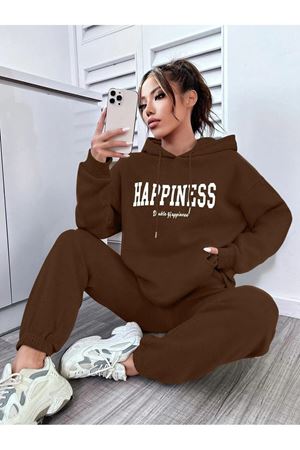 Happiness Eşofman Takımı Sweatshirt Jogger - Kahverengi Baskılı Oversize Şardonlu Kapüşonlu
