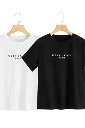 2'li Paket Cest La Vie Paris T-shirt - Siyah Beyaz Çift Baskılı Oversize Bisiklet Yaka