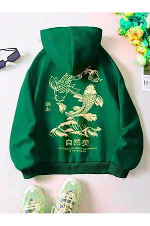 Balık Baskılı Nefti Yeşil Kapüşonlu Sweatshirt - Oversize Unisex Kalın Kışlık