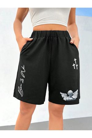 Melek Tasarım Penye Şort - Siyah Baskılı Kısa Kordonsuz