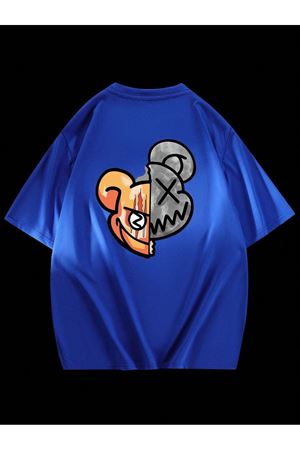 Çift Yüz Ayıcık Süprem T-Shirt - Sax Mavi Baskılı Oversize Bisiklet Yaka Tişört