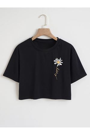 Siyah Happy Papatya Baskılı Crop Tshirt - Oversize Bisiklet Yaka