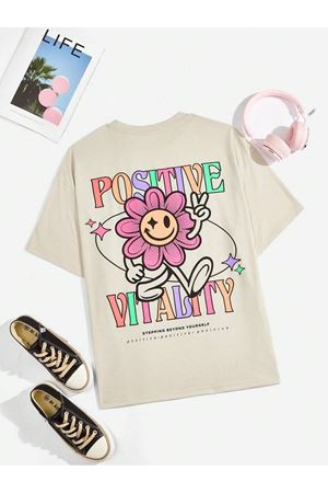 Positive Flower Süprem T-Shirt - Bej Baskılı Oversize Bisiklet Yaka Tişört
