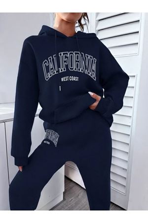 West Coast Eşofman Takım Sweatshirt Jogger - Lacivert Baskılı Oversize Şardonlu Kapüşonlu